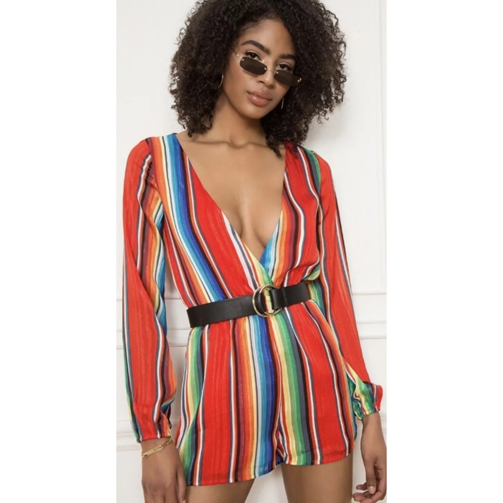 Revolve Superdown Rainbow Stripe Long Sleeve Romp… - image 3